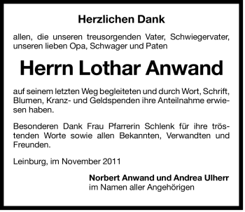 Traueranzeige von Lothar Anwand von Der Bote