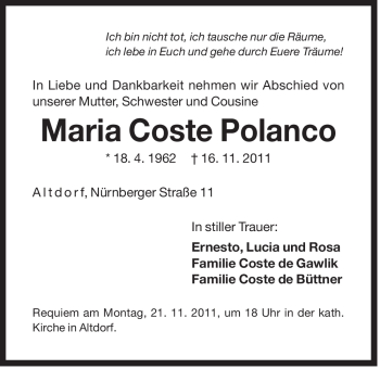 Traueranzeige von Maria Coste Polanco von Der Bote