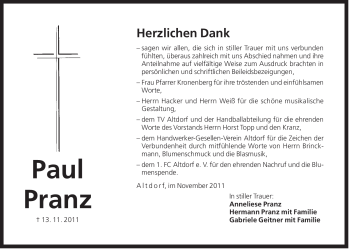 Traueranzeige von Paul Pranz von Der Bote