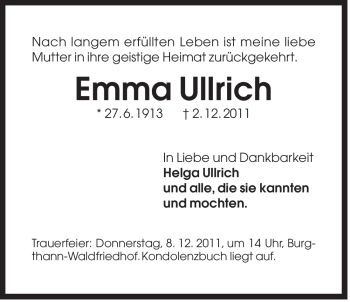 Traueranzeige von Ullrich Emma von Der Bote