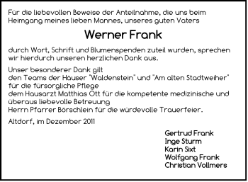 Traueranzeige von Werner Frank von Der Bote