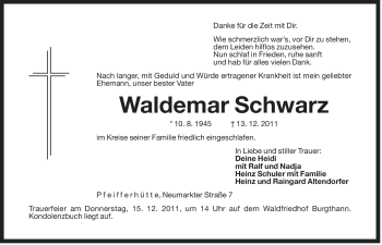 Traueranzeige von Waldemar Schwarz von Der Bote