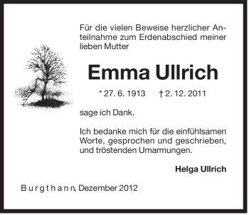Traueranzeige von Ullrich Emma von Der Bote