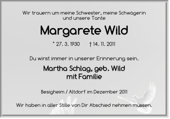 Traueranzeige von Margarete Wild von Der Bote