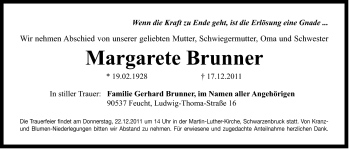Traueranzeige von Margarete Brunner von Der Bote