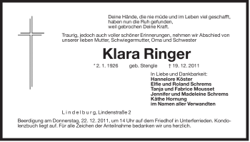Traueranzeige von Klara Ringer von Der Bote