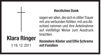 Traueranzeige von Klara Ringer von Der Bote