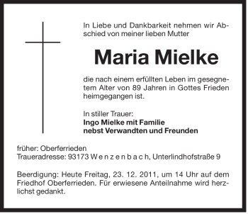 Traueranzeige von Maria Mielke von Der Bote