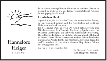 Traueranzeige von Hannelore Heiger von Der Bote