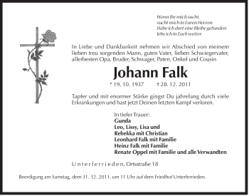 Traueranzeige von Johann Falk von Der Bote