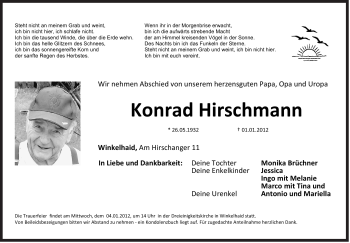 Traueranzeige von Konrad Hirschmann von Der Bote