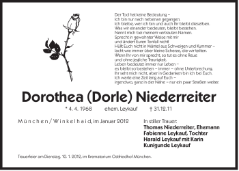 Traueranzeige von Dorothea Niederreiter von Der Bote