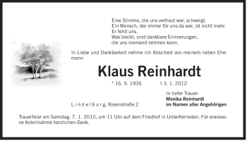 Traueranzeige von Klaus Reinhardt von Der Bote