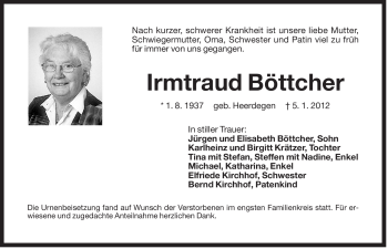 Traueranzeige von Irmtraud Böttcher von Der Bote