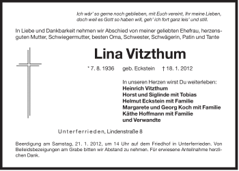 Traueranzeige von Lina Vitzthum von Der Bote