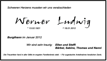 Traueranzeige von Werner Ludwig von Der Bote