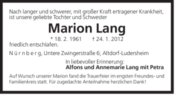 Traueranzeige von Marion Lang von Der Bote