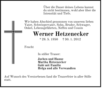 Traueranzeige von Werner Hetzenecker von Der Bote
