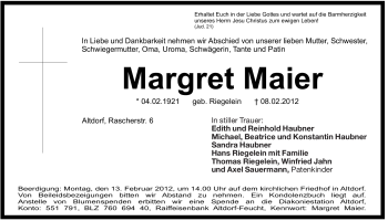 Traueranzeige von Margret Maier von Der Bote