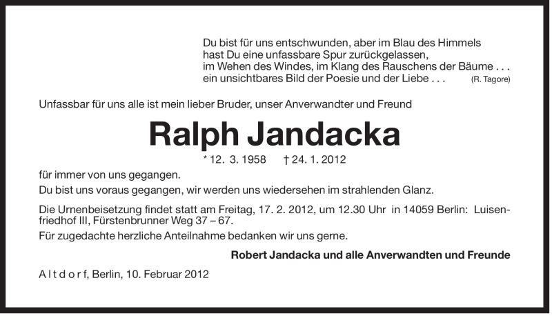  Traueranzeige für Ralph Jandacka vom 11.02.2012 aus Der Bote