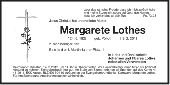 Traueranzeige von Margarete Lothes von Der Bote