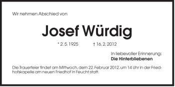 Traueranzeige von Josef Würdig von Der Bote