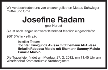 Traueranzeige von Josefine Radam von Der Bote