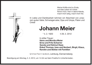 Traueranzeige von Johann Meier von Der Bote