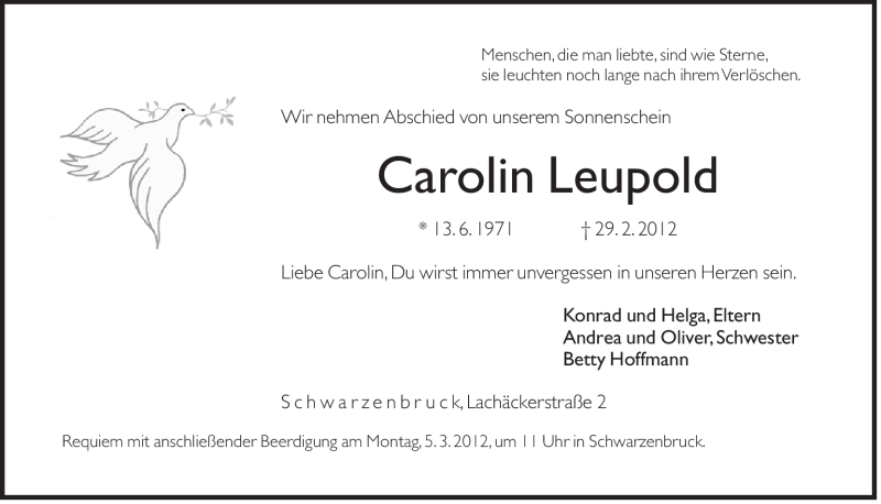  Traueranzeige für Carolin Leupold vom 02.03.2012 aus Der Bote