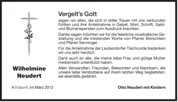 Traueranzeige von Wilhelmine Neudert von Der Bote