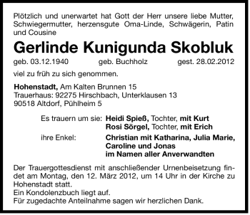 Traueranzeige von Gerlinde Kunigunda Skobluk von Der Bote