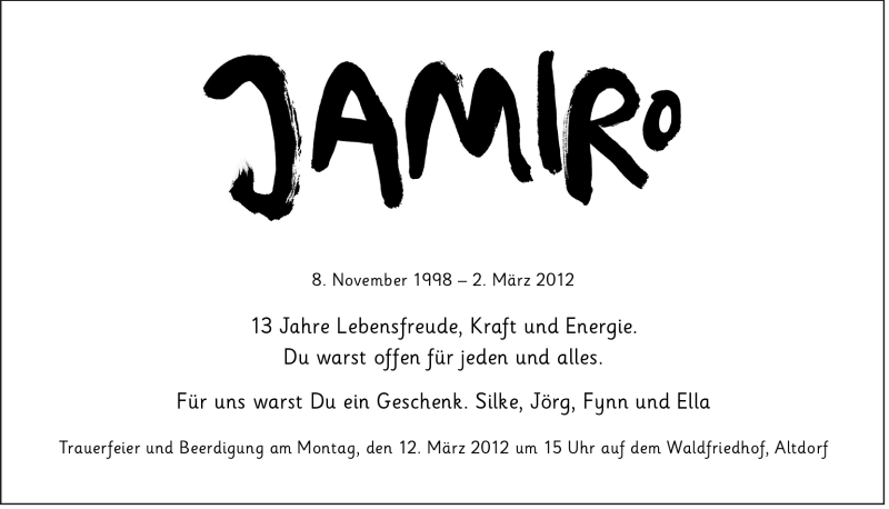  Traueranzeige für Jamiro Kempe vom 10.03.2012 aus Der Bote