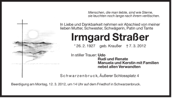 Traueranzeige von Irmgard Straßer von Der Bote