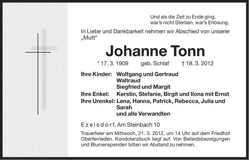  Traueranzeige für Johanne Tonn vom 20.03.2012 aus Der Bote