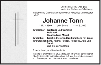 Traueranzeige von Johanne Tonn von Der Bote