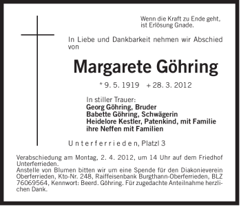 Traueranzeige von Margarete Göhring von Der Bote