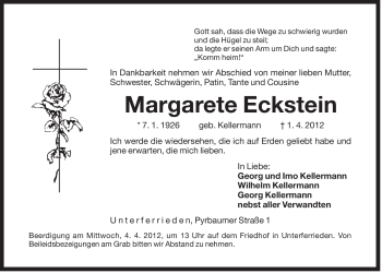 Traueranzeige von Margarete Eckstein von Der Bote
