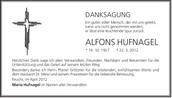 Traueranzeige von Alfons Hufnagel von Der Bote