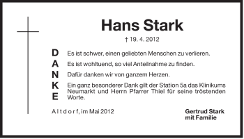 Traueranzeige von Hans Stark von Der Bote