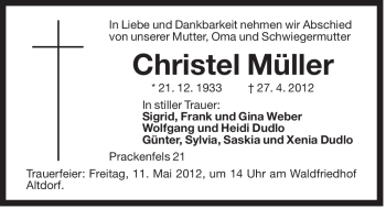 Traueranzeige von Christel Müller von Der Bote