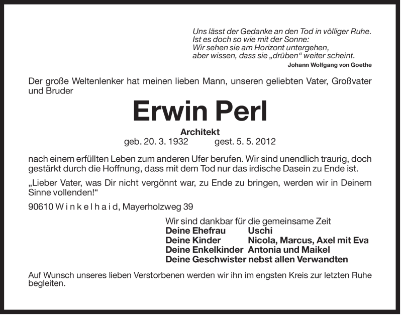  Traueranzeige für Erwin Perl vom 19.05.2012 aus Der Bote