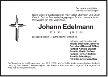Traueranzeige von Johann Edelmann von Der Bote