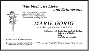 Traueranzeige von Marie Görig von Der Bote