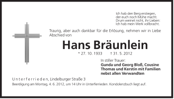 Traueranzeige von Hans Bräunlein von Der Bote