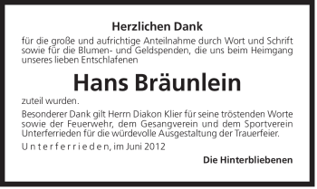 Traueranzeige von Hans Bräunlein von Der Bote