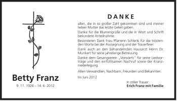 Traueranzeige von Betty Franz von Der Bote