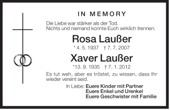 Traueranzeige von Rosa Laußer von Der Bote
