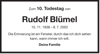 Traueranzeige von Rudolf Blümel von Der Bote