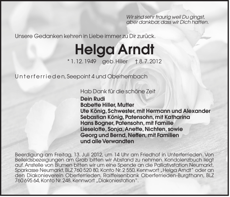  Traueranzeige für Helga Arndt vom 11.07.2012 aus Der Bote