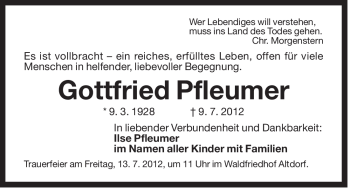 Traueranzeige von Gottfried Pfleumer von Der Bote
